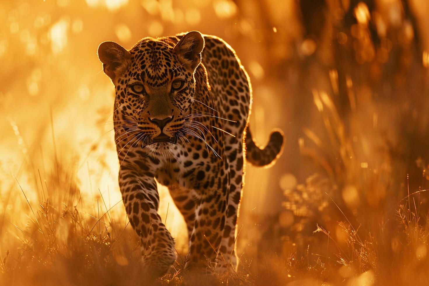 A leopard walking through tall grass at sunset background photo
