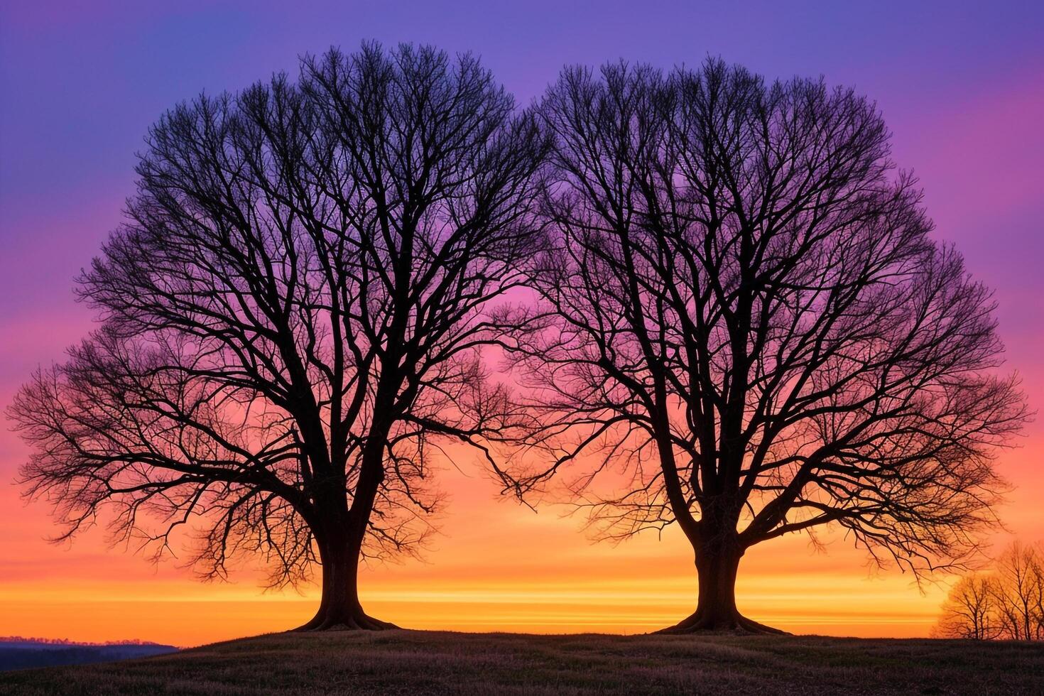 Two trees silhouetted against a sunset background photo