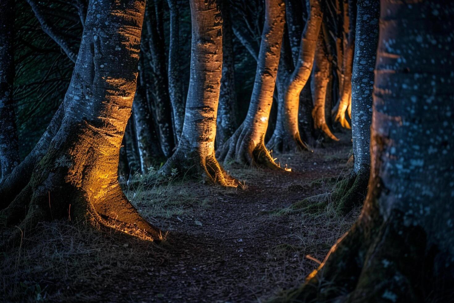 Path in the Woods with Trees Lit Up at Night Background photo