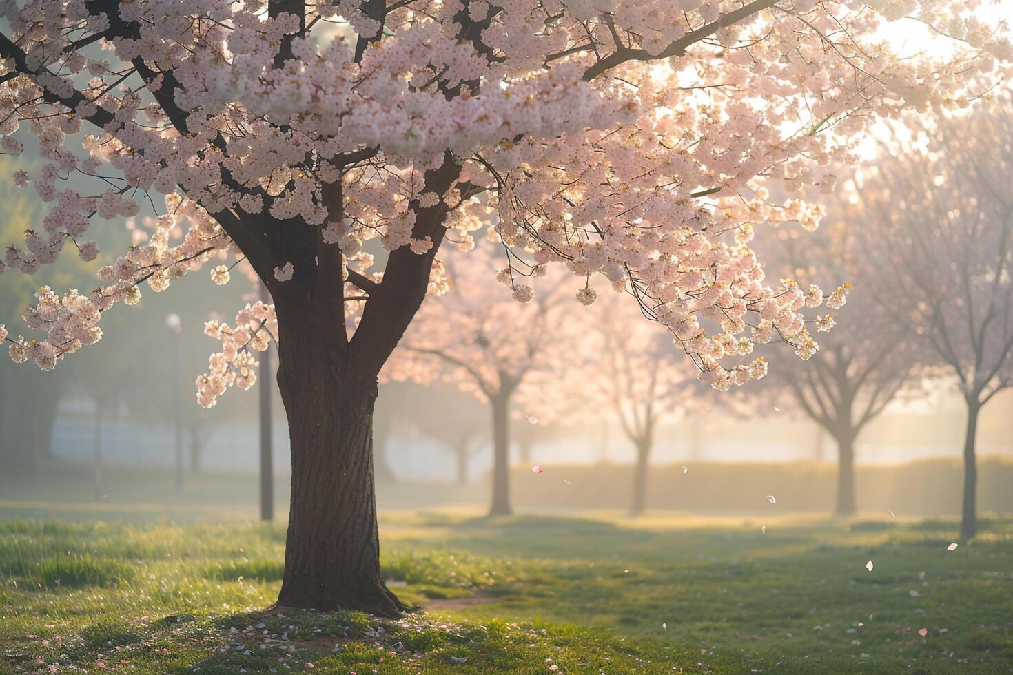 Cherry Blossoms in a Park at Sunrise Background photo