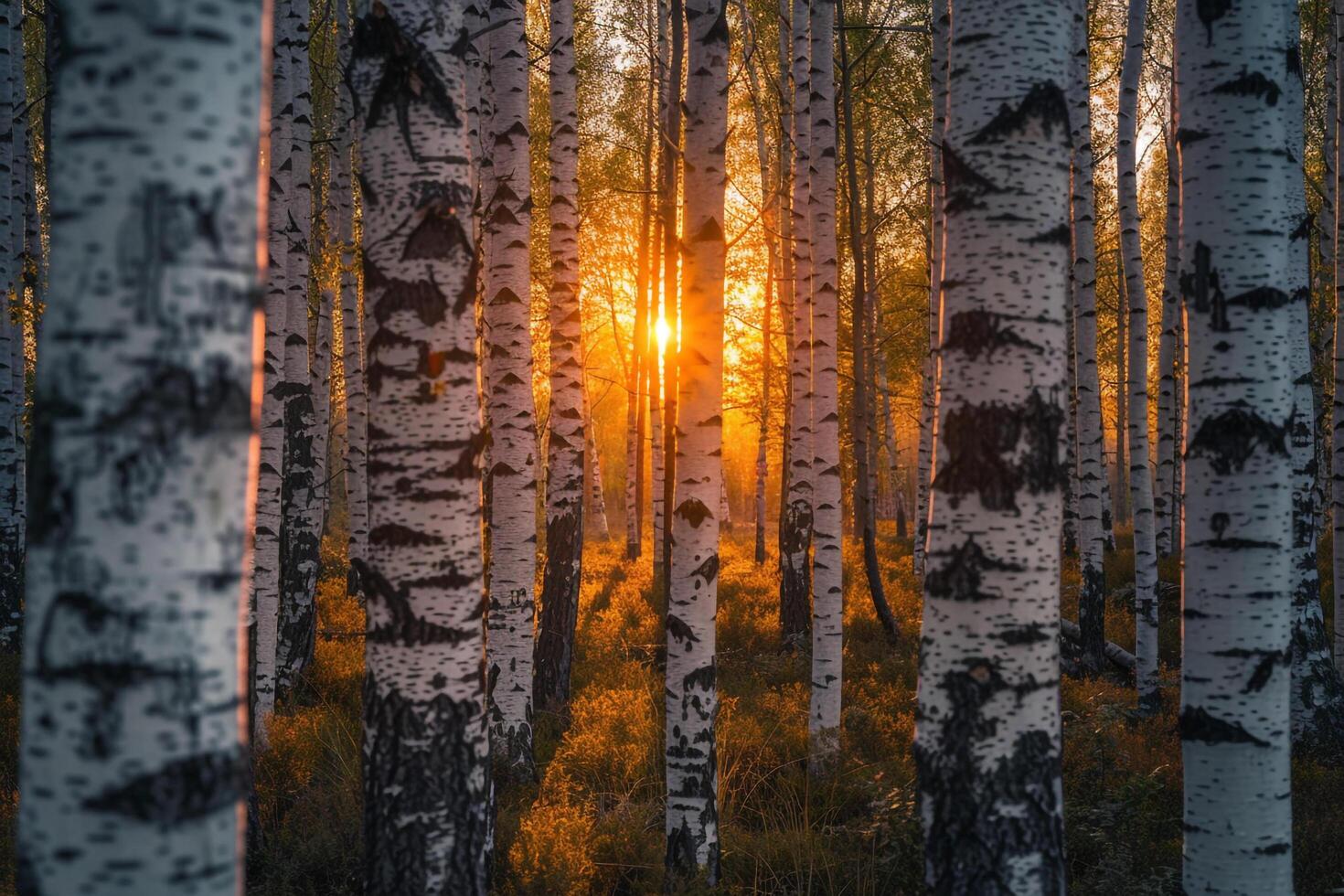 The Sun is Setting Behind a Birch Tree Background photo