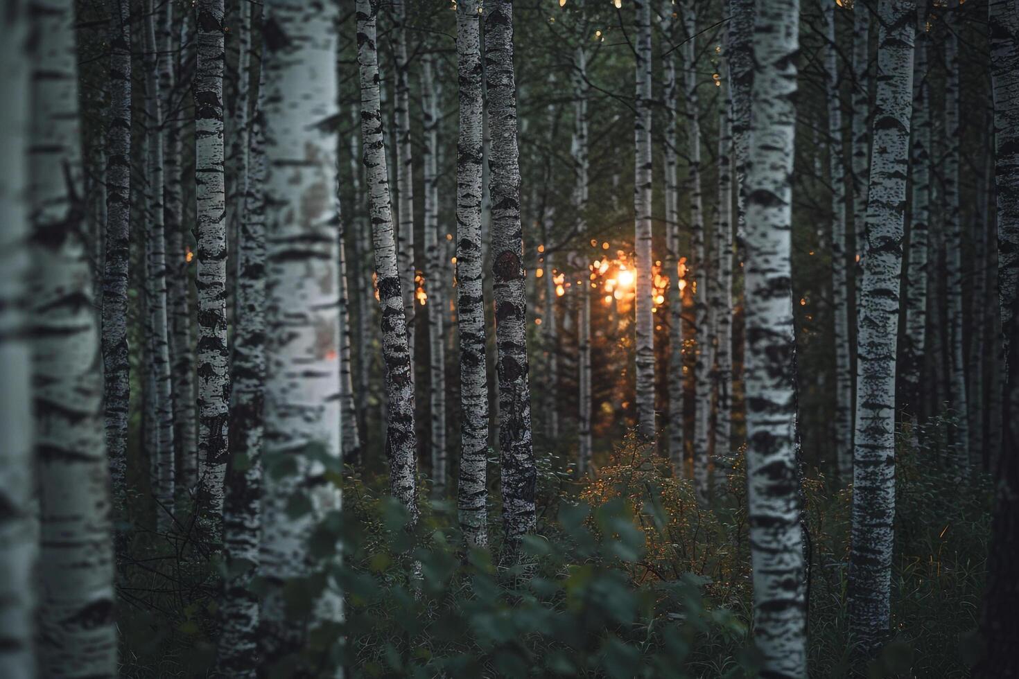 The Sun Shines Through the Trees in a Birch Forest Background photo