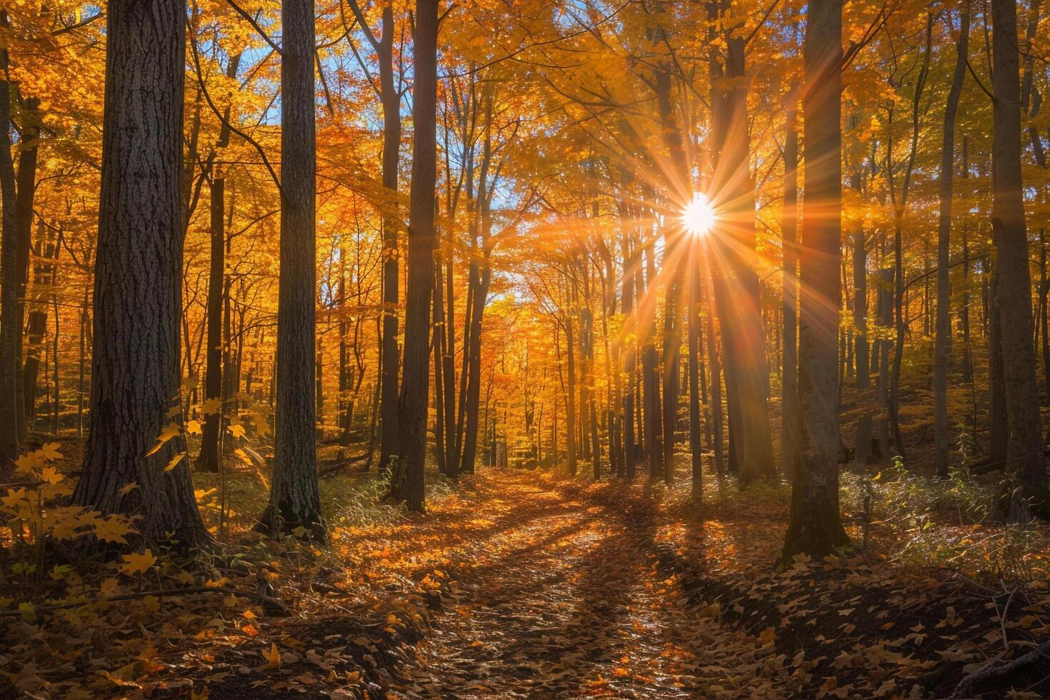 Sun Shining Through Autumn Trees Background photo