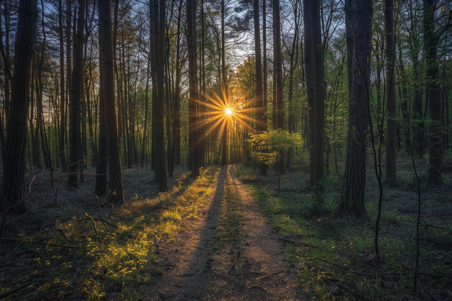 Sun Shining Through Trees in a Forest Background photo