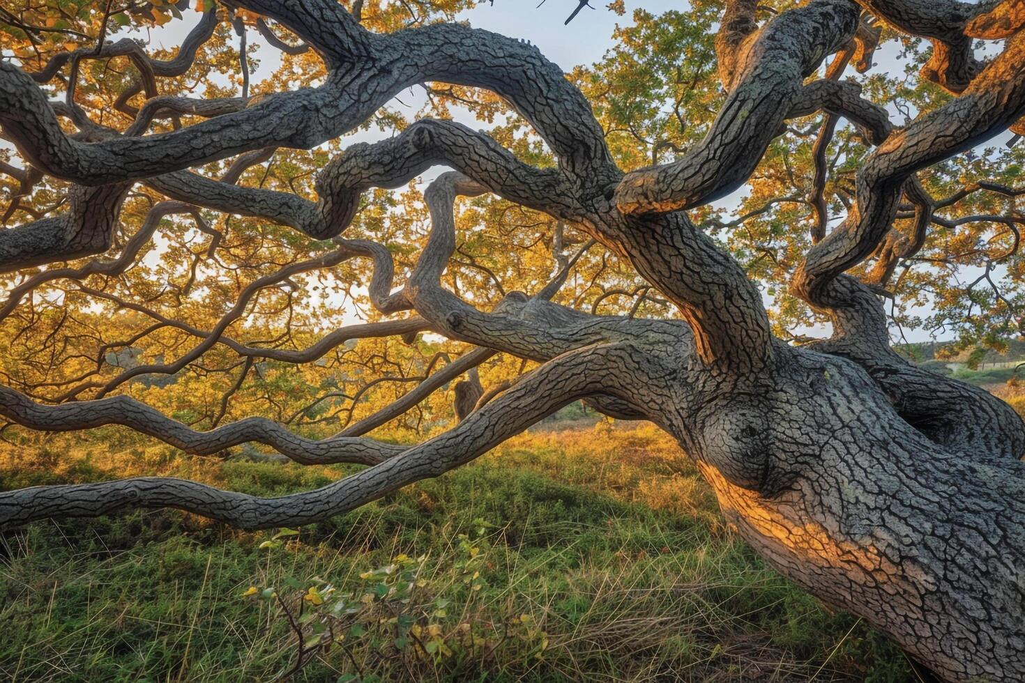 Tree with Twisted Branches in Sun Background photo