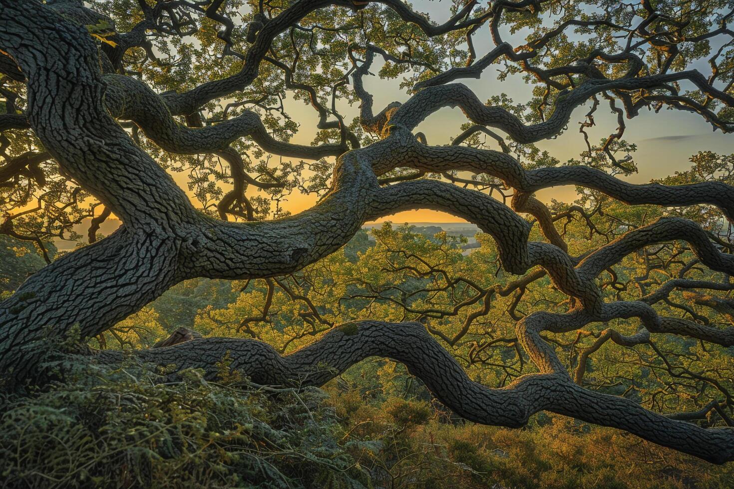 Sun Setting Behind Tree Branches Background photo