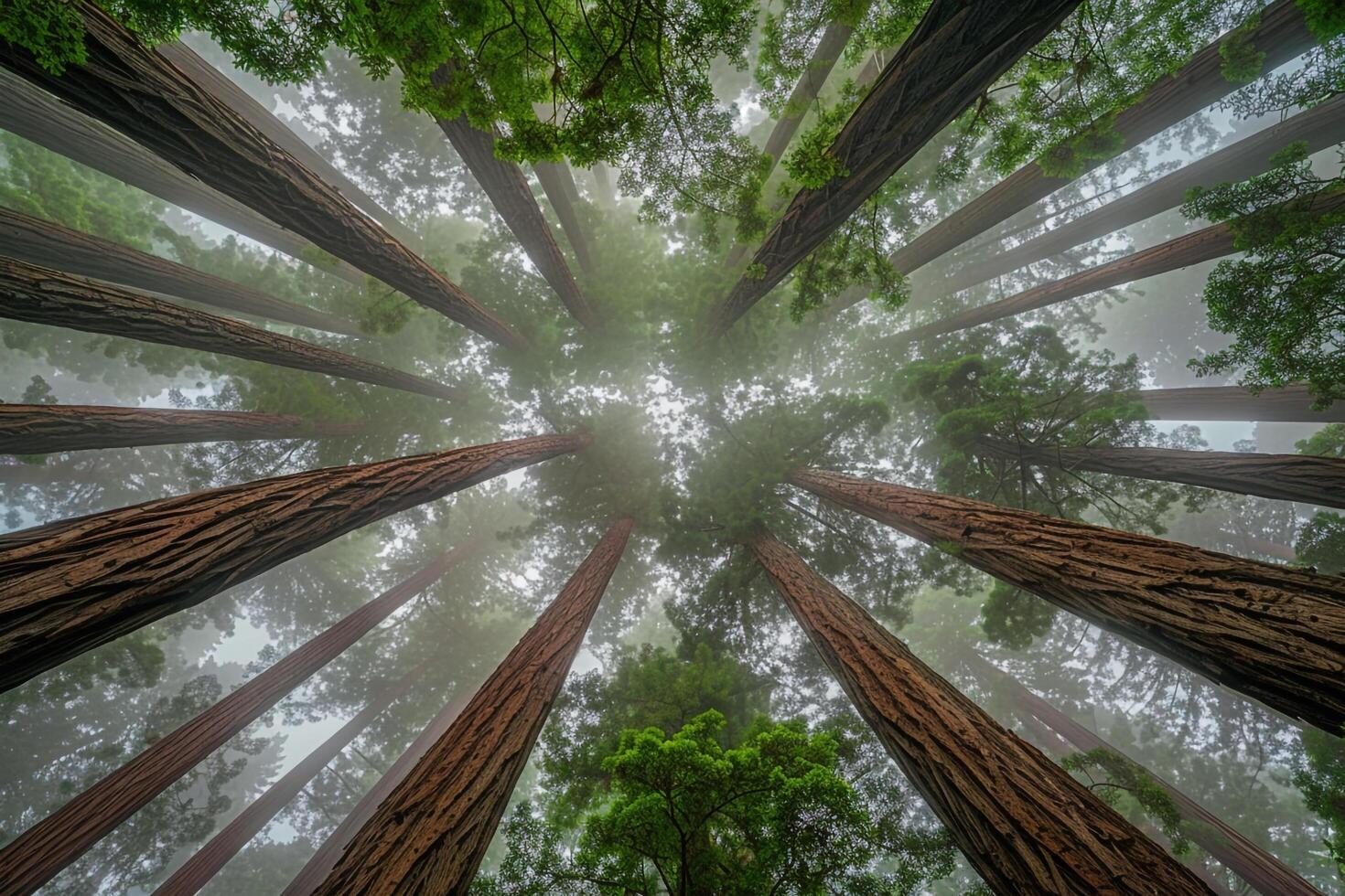Canopy view of redwood forest background photo