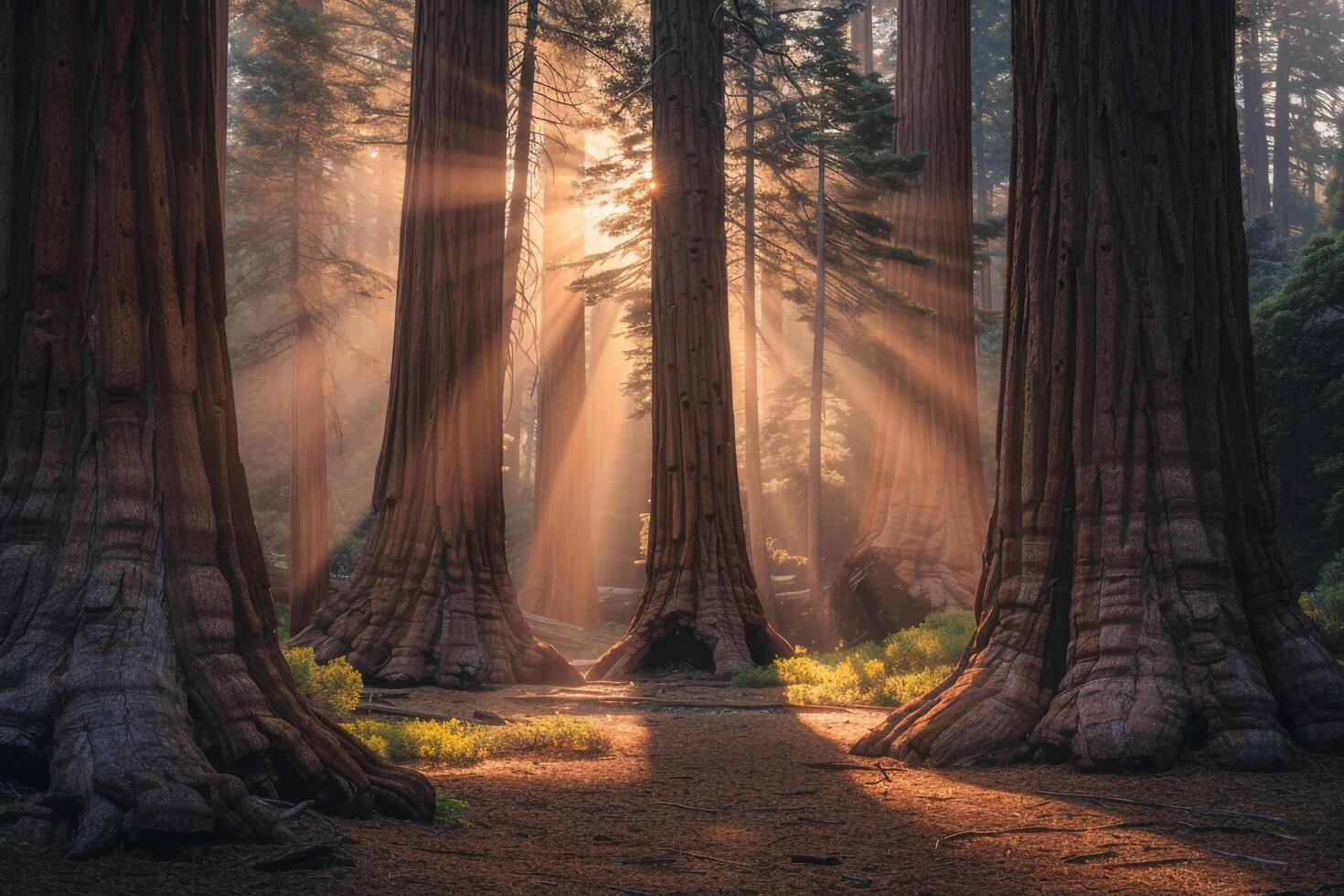Sunlight shining through trees in forest background photo