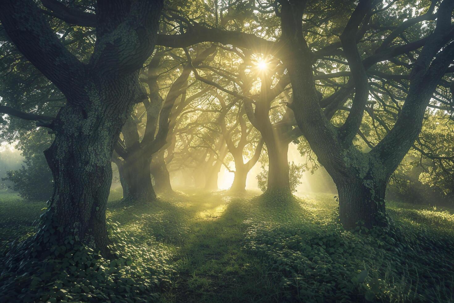 Path through forest with trees and grass background photo