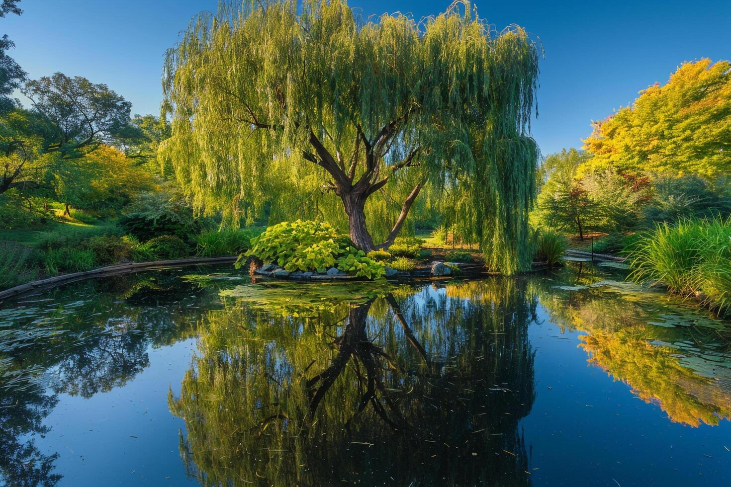 Pond with a Tree and Reflection of Trees Background photo
