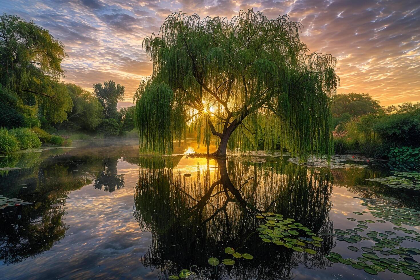 Tree Reflected in the Water at Sunset Background photo