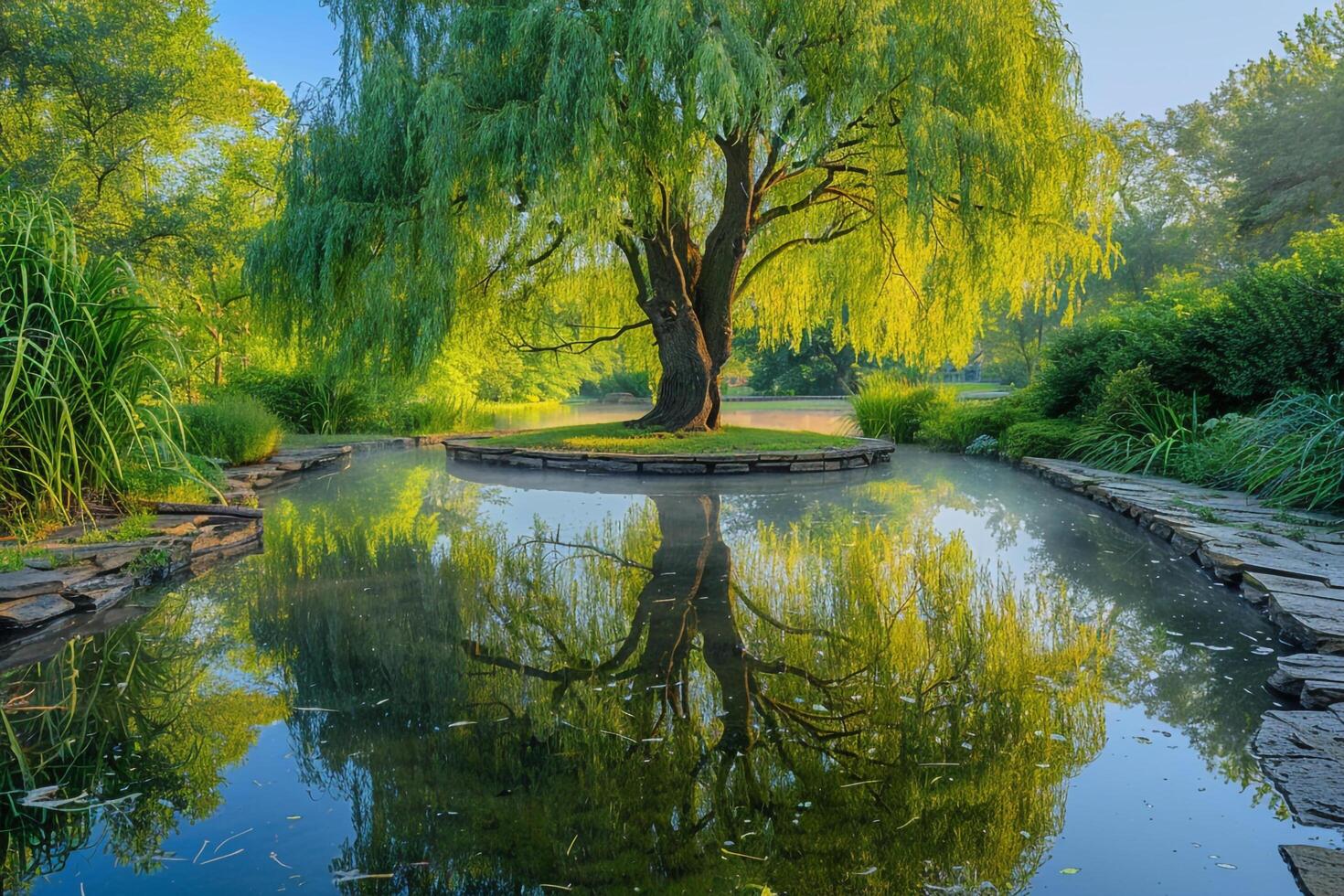 Willow Tree in a Pond Surrounded by Green Grass Background photo