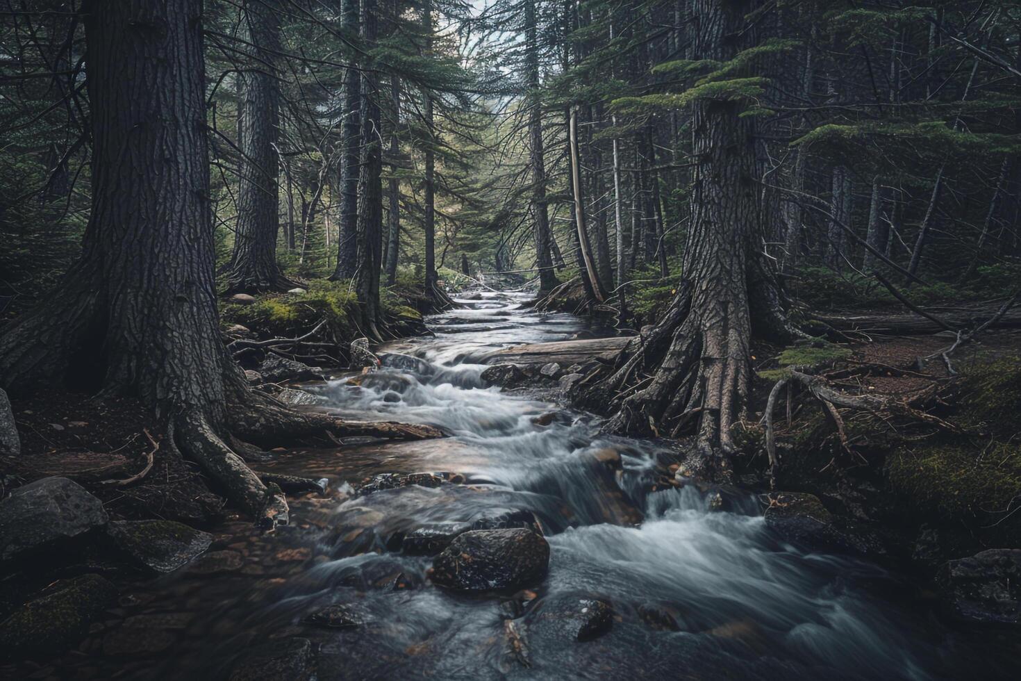 Stream Running Through a Forest with Trees Background photo