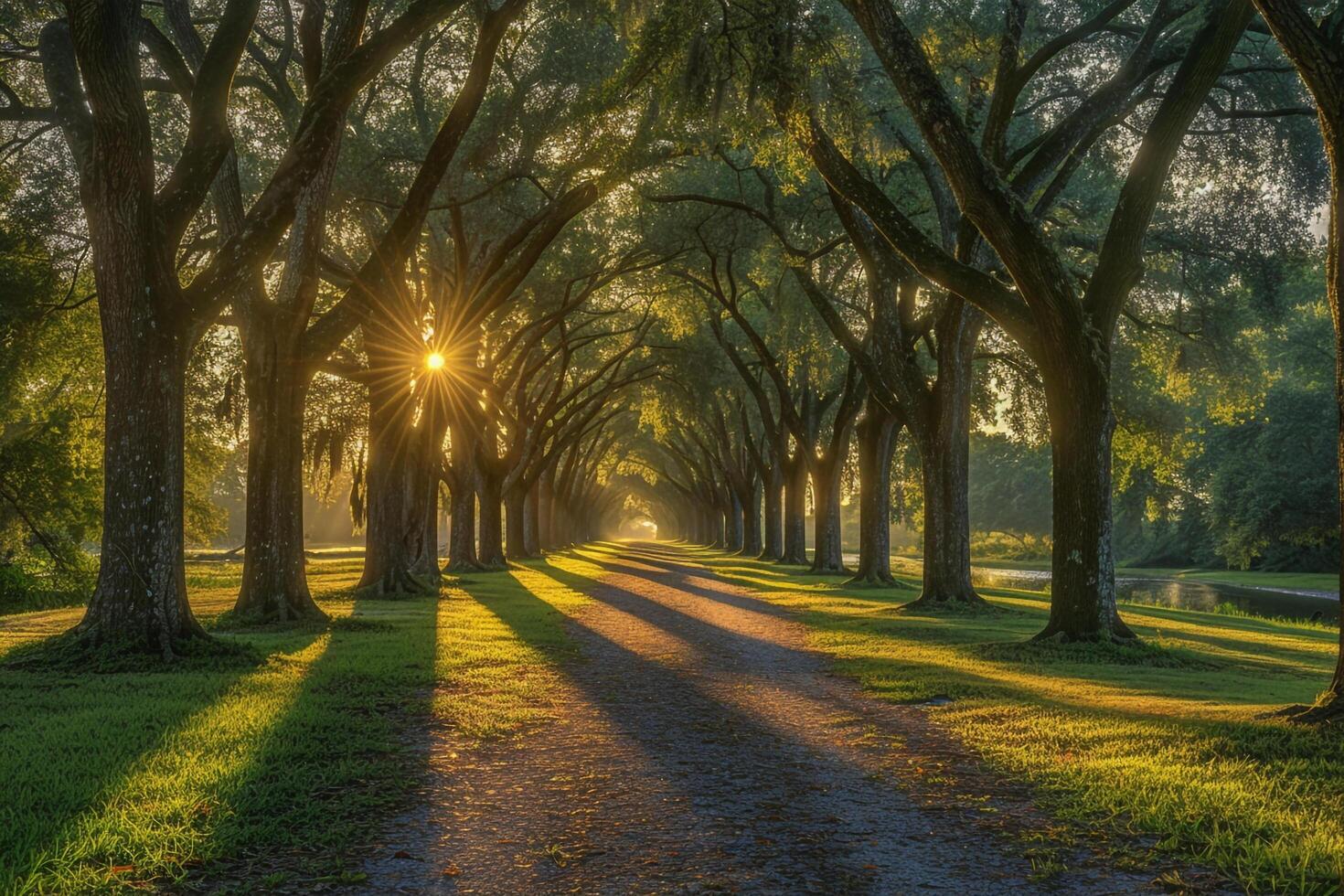 Pathway Lined with Trees and the Sun Shining Through Background photo