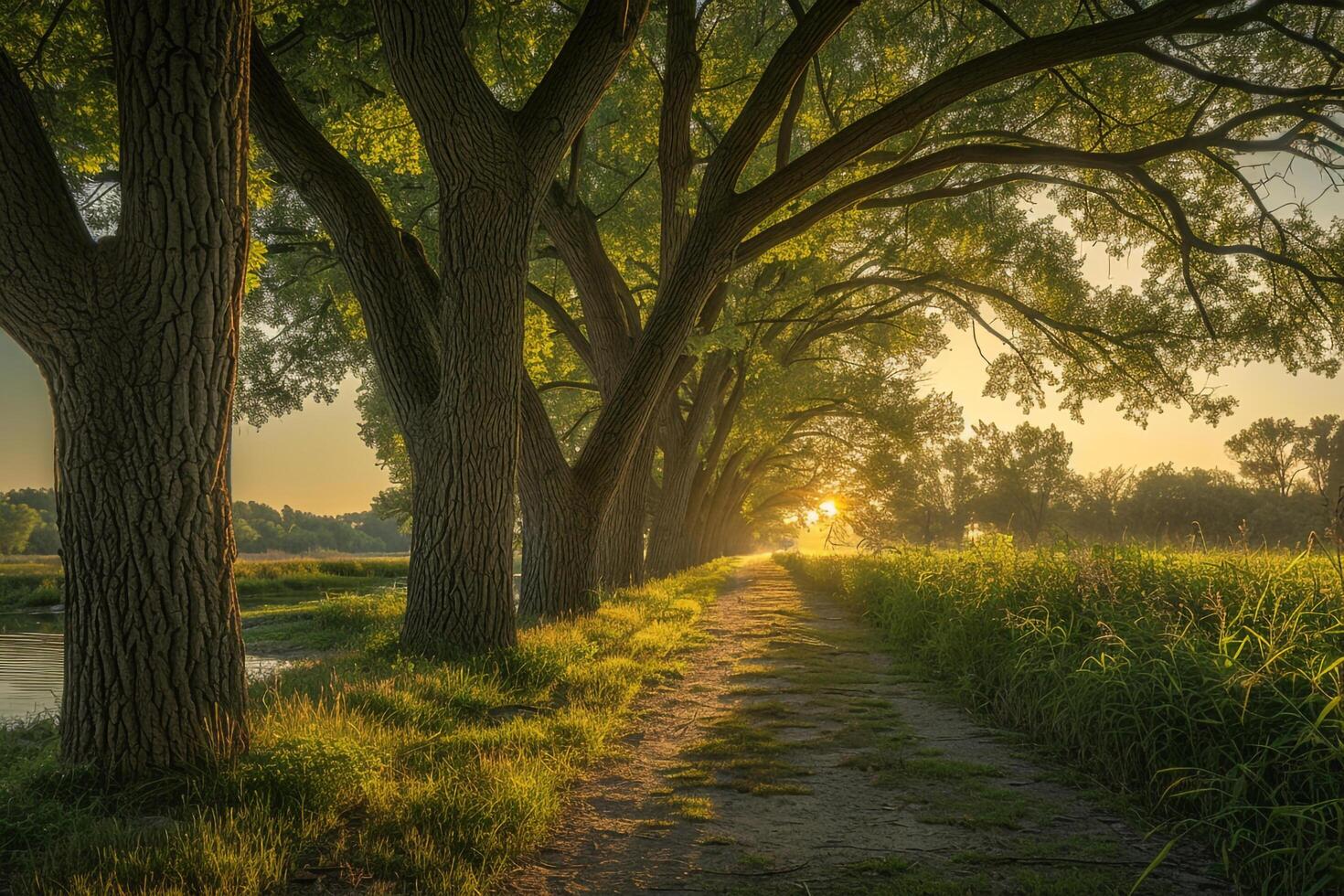 Path Lined with Trees and Grass Background photo