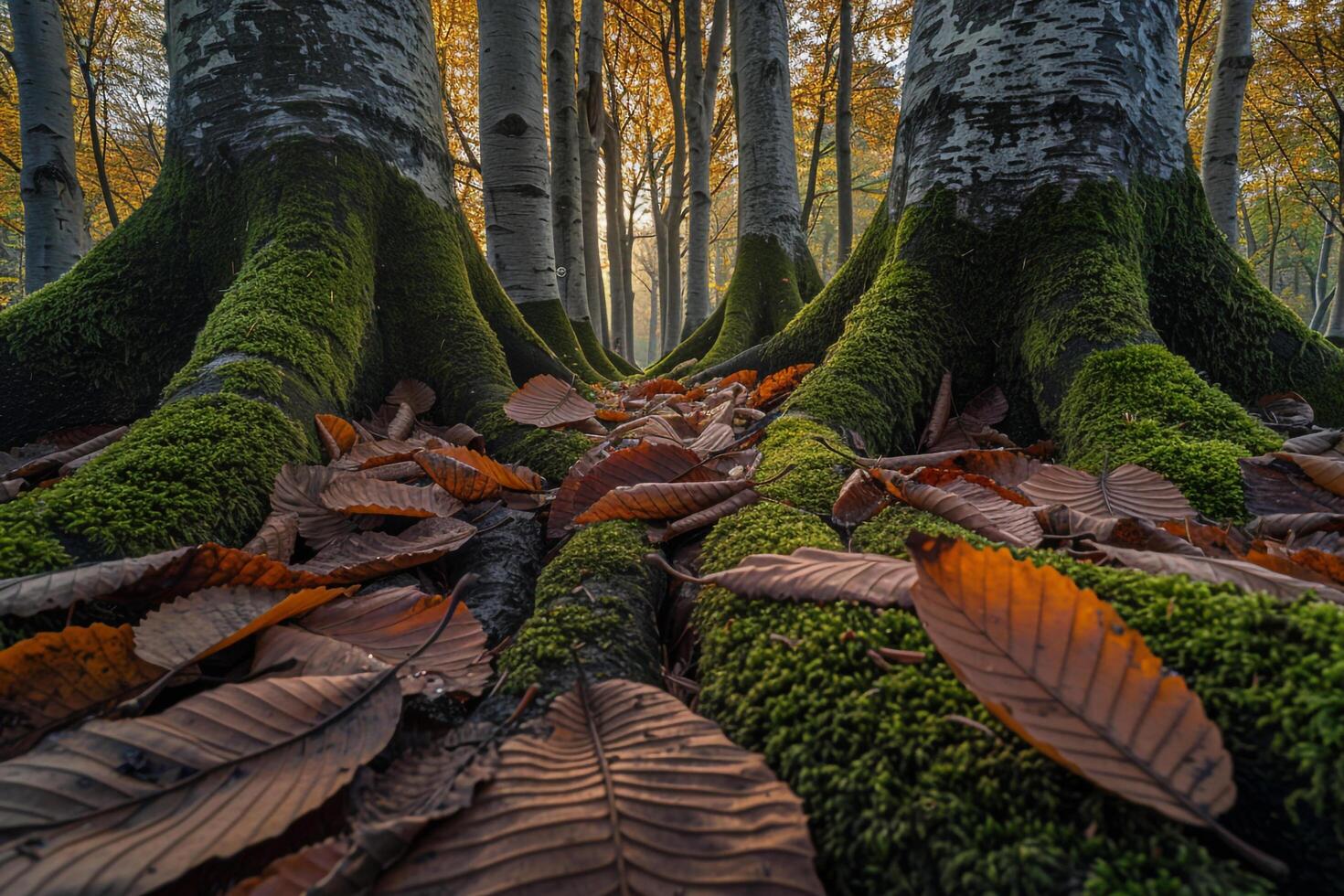 Roots of Trees in a Forest with Leaves Background photo