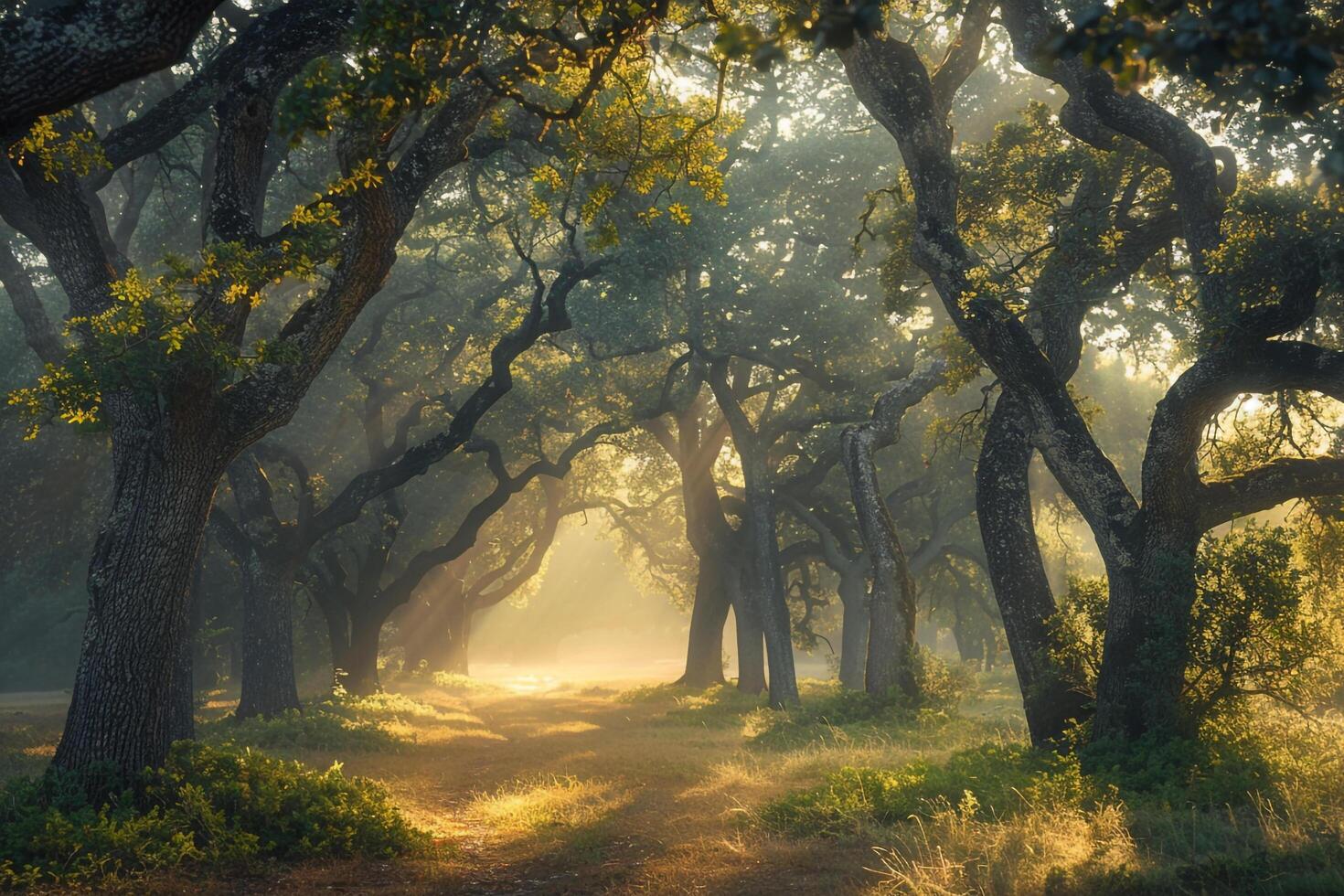 A Path Through the Woods with Trees and Grass Background photo