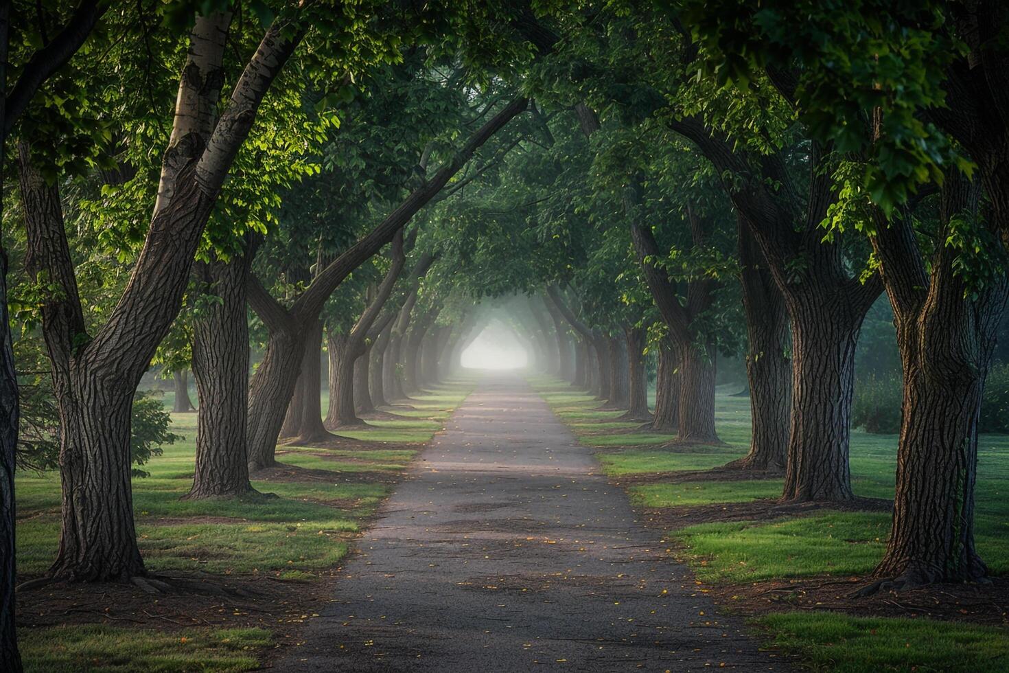Pathway Lined with Trees and Light Coming from the Trees Background photo