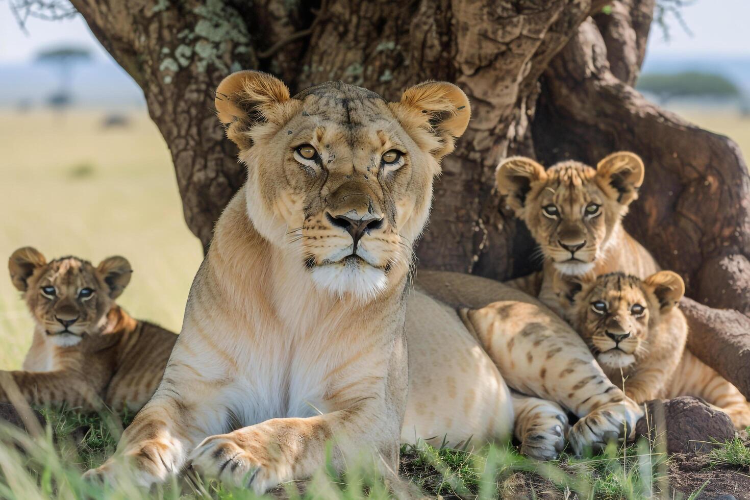 Lioness and Cubs under Tree in Serengeti National Park, Kenya Background photo