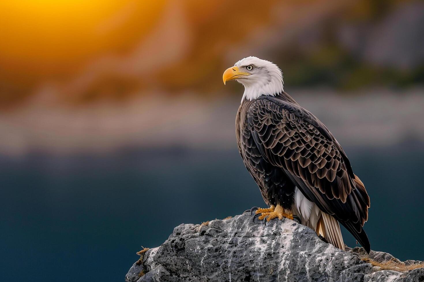 A Bald Eagle Sits on a Rock at Sunset Background photo