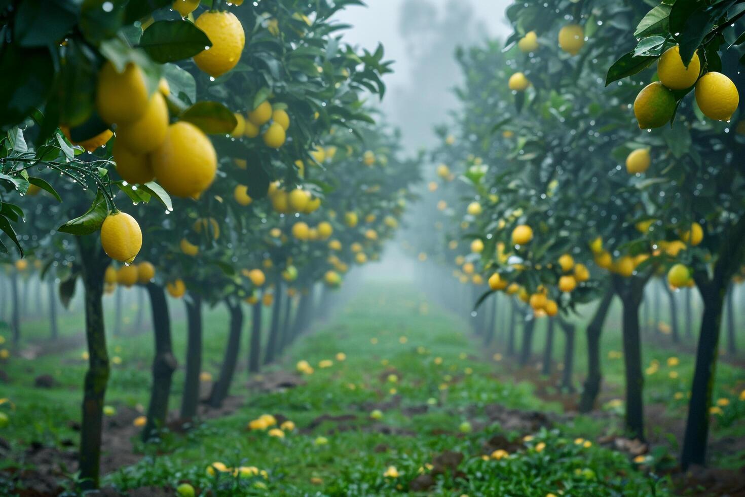 Row of lemon trees in field background photo