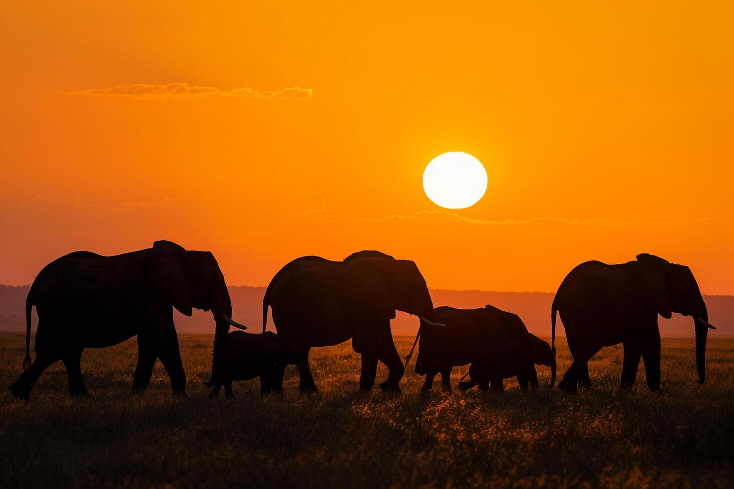 Herd of elephants walking in grass background photo