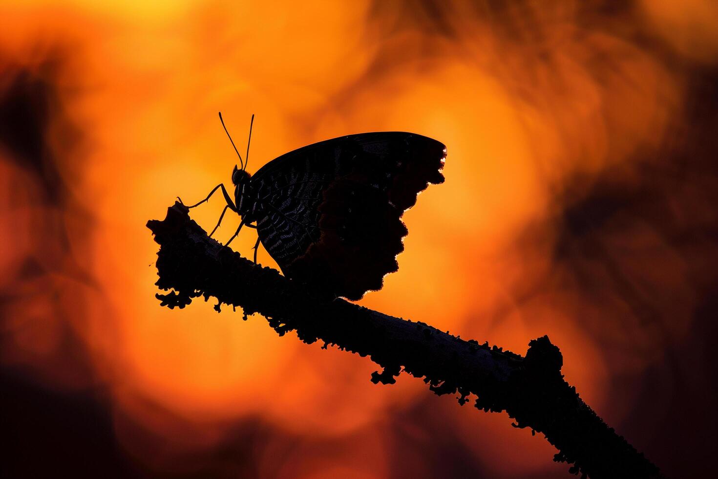 Butterfly is Sitting on a Branch in Front of a Sunset photo