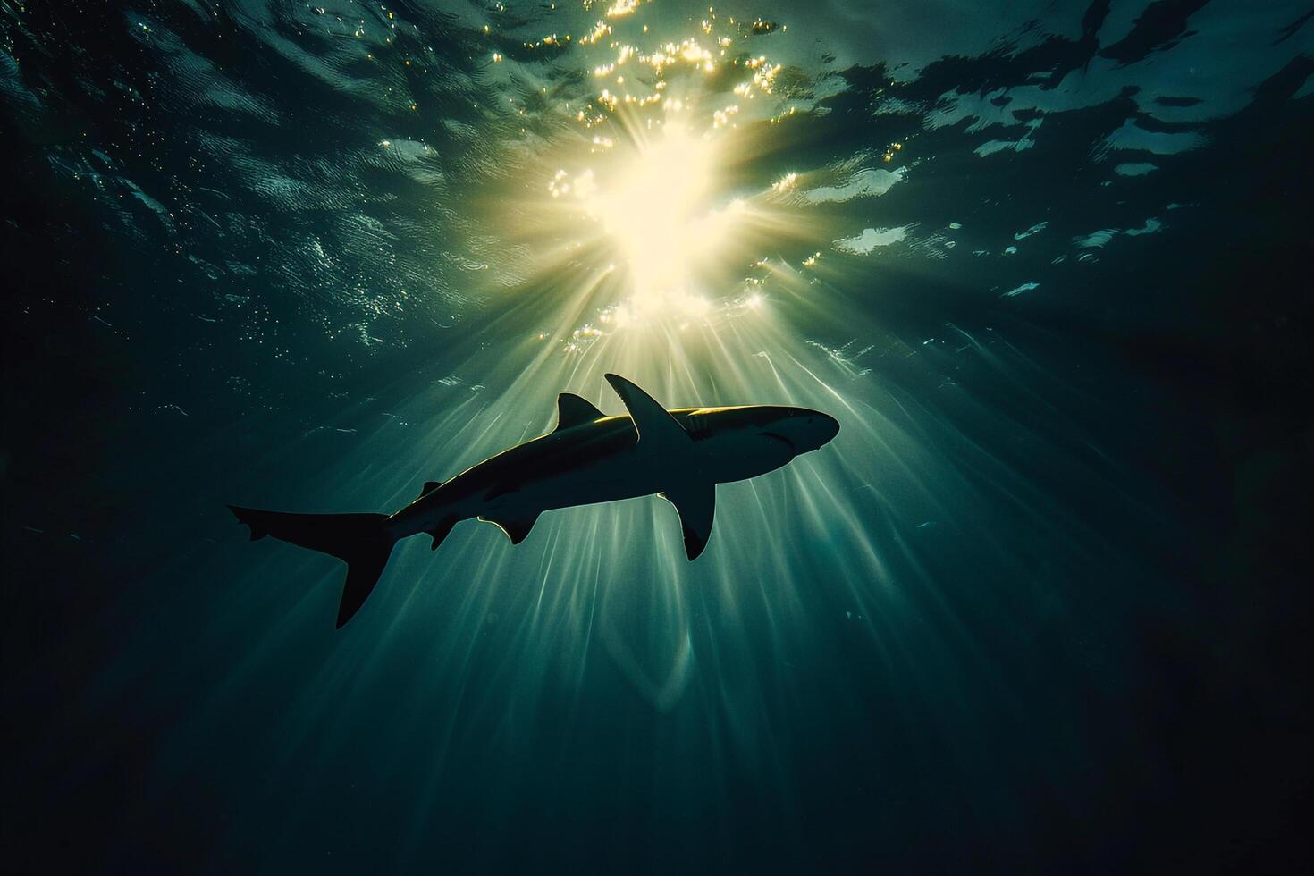 Shark swimming in the ocean with sunlight shining through Background photo