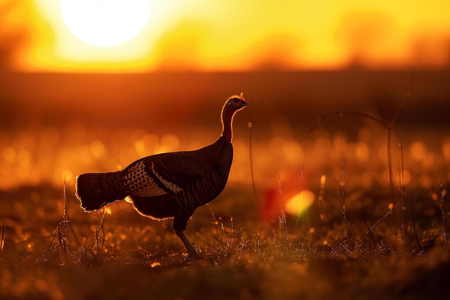 Turkey walking in a field at sunset Background photo
