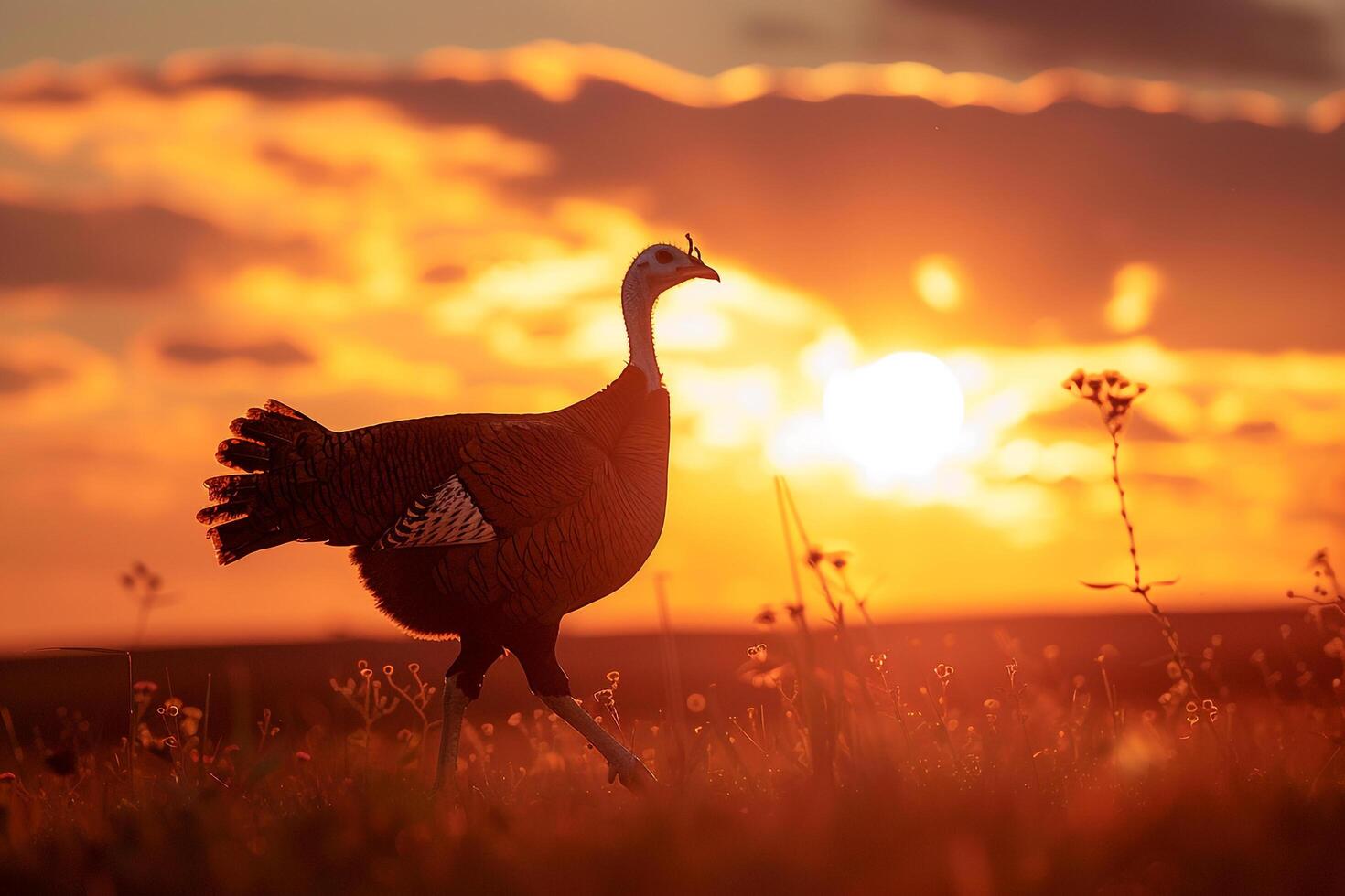 Turkey walking in the grass at sunset Background photo