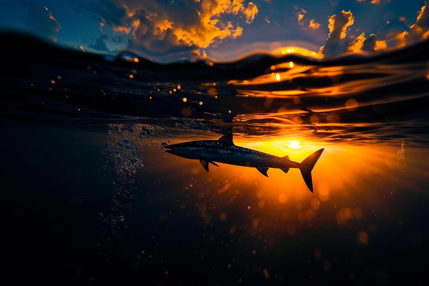 Shark Swimming in Ocean at Sunset Background photo