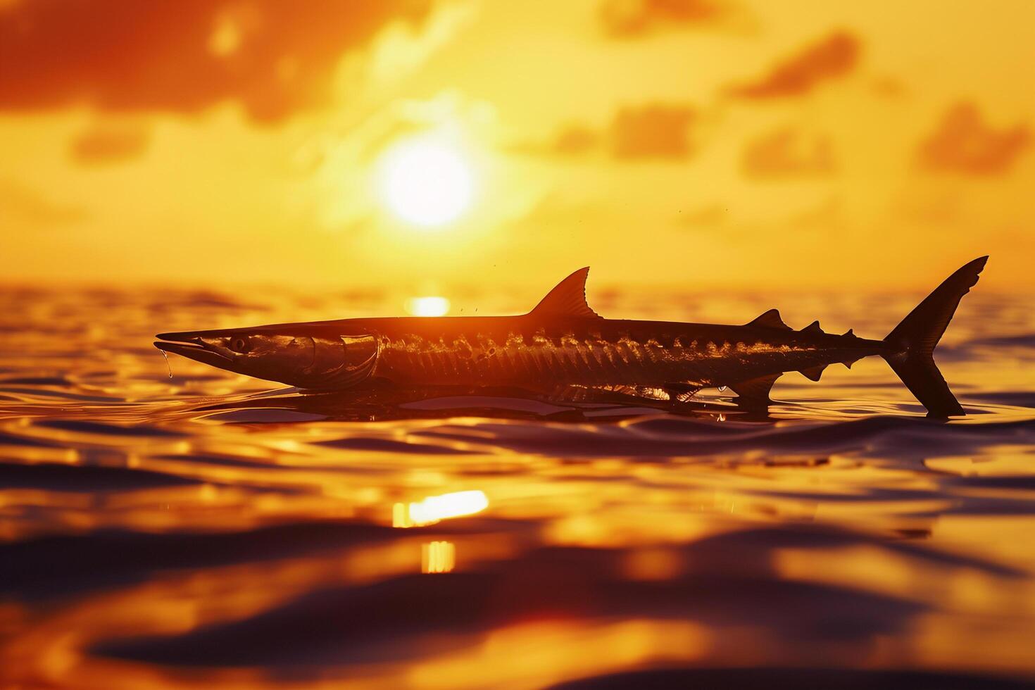 Shark swimming in the ocean at sunset Background photo