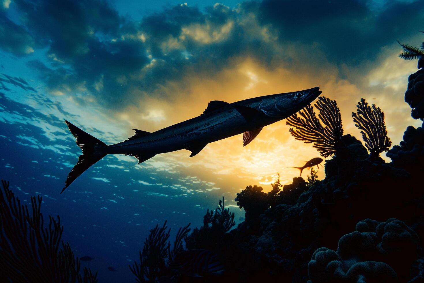 Fish Swimming over Coral Reef at Sunset Background photo