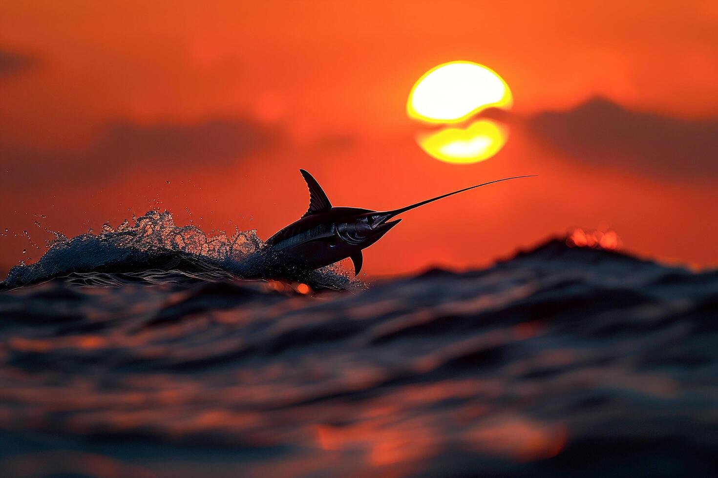 Sailfish Caught in Water as Sun Sets Background photo