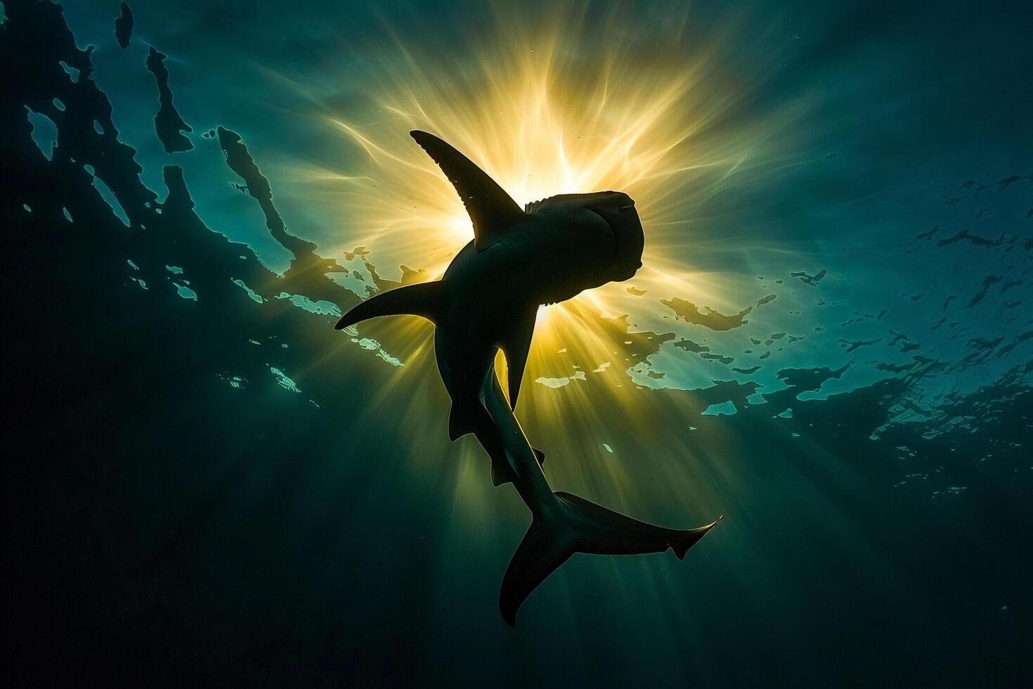 Shark Swimming in Ocean with Sunlight coming through the Water Background photo