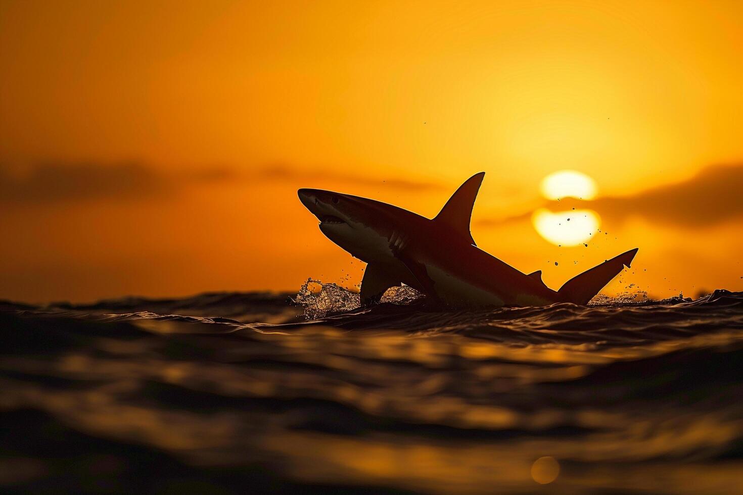 Great White Shark Leaps out of Water at Sunset Background photo