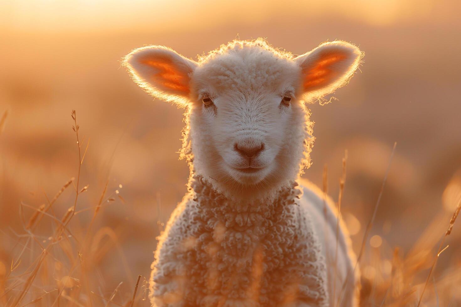 Lamb Standing in Field with Sun behind it photo