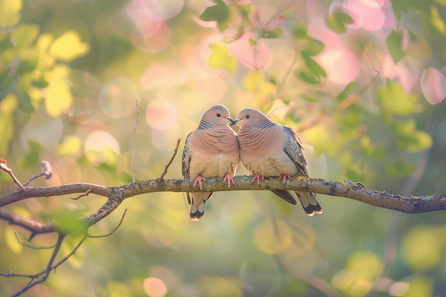 Two doves sitting on a branch with a sun in the background photo