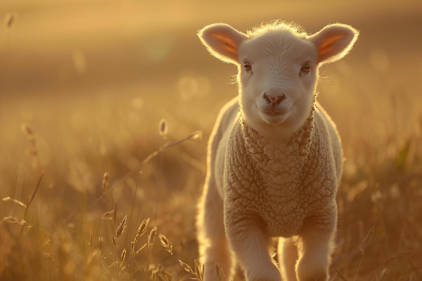 A lamb is standing in a field of tall grass background photo