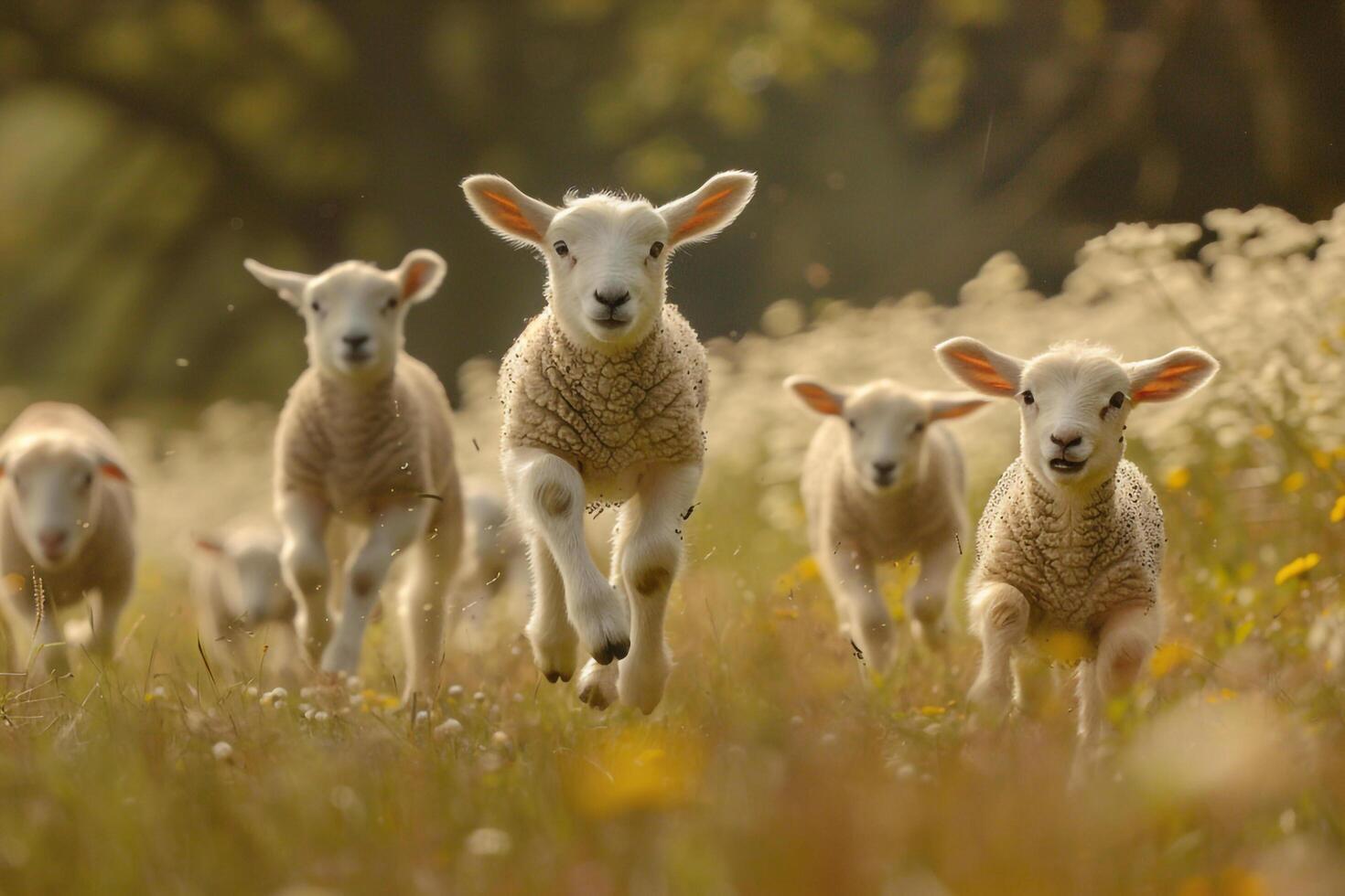 A group of sheep running through a field background photo