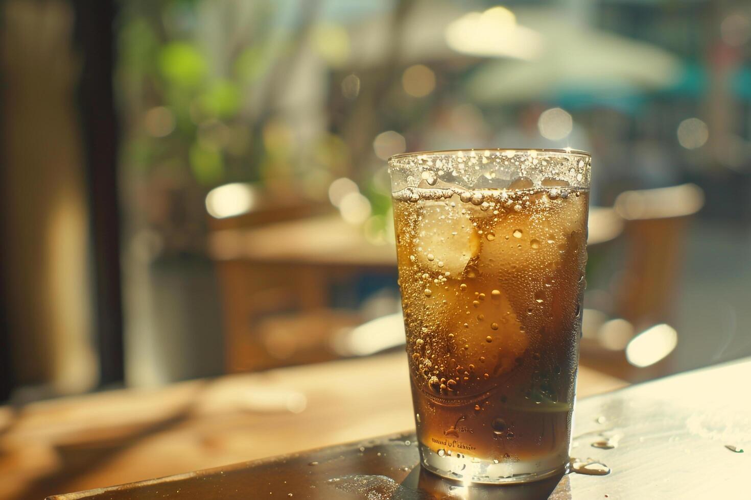 A glass of cola sitting on a table background photo