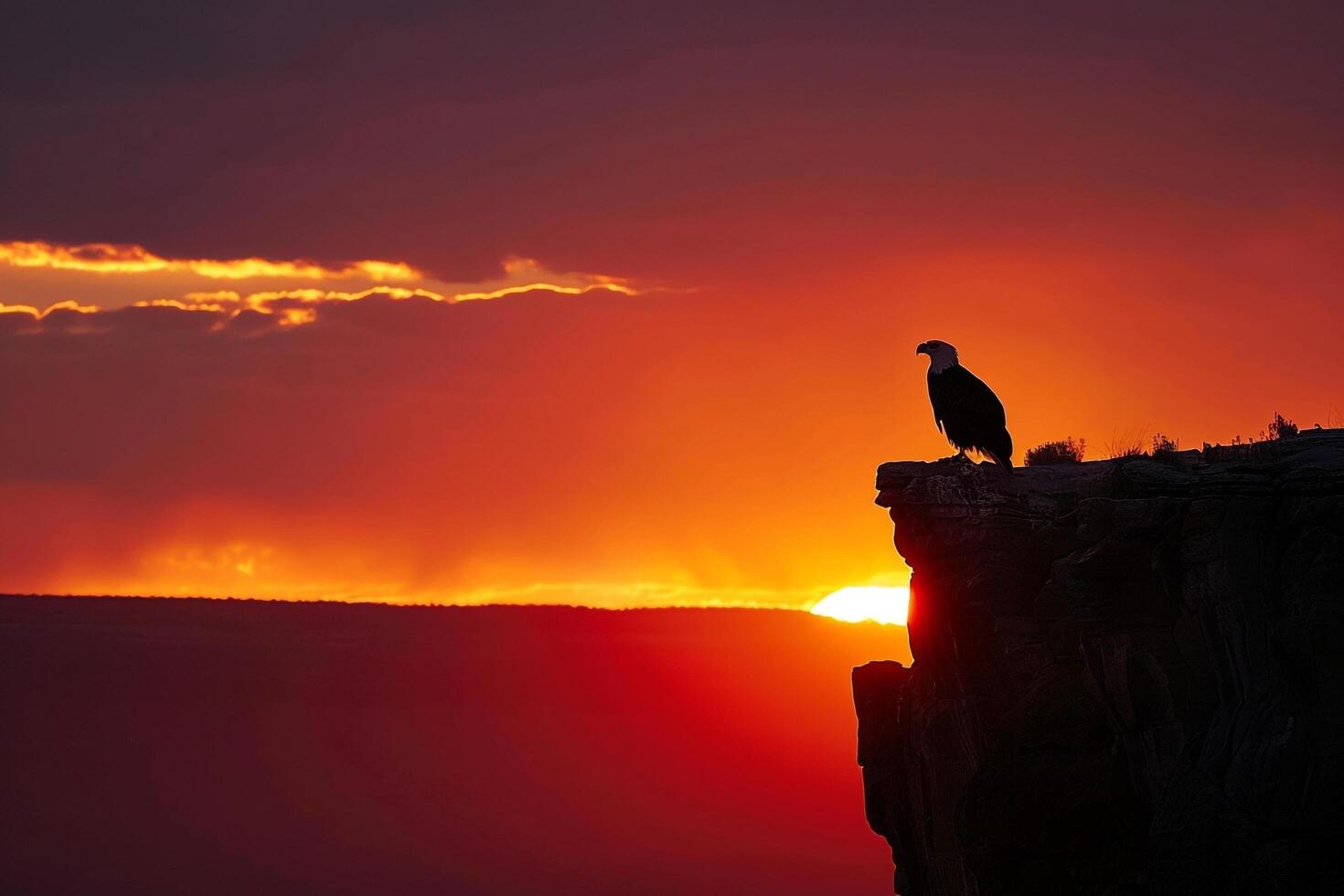 Bald eagle on cliff at sunset background photo