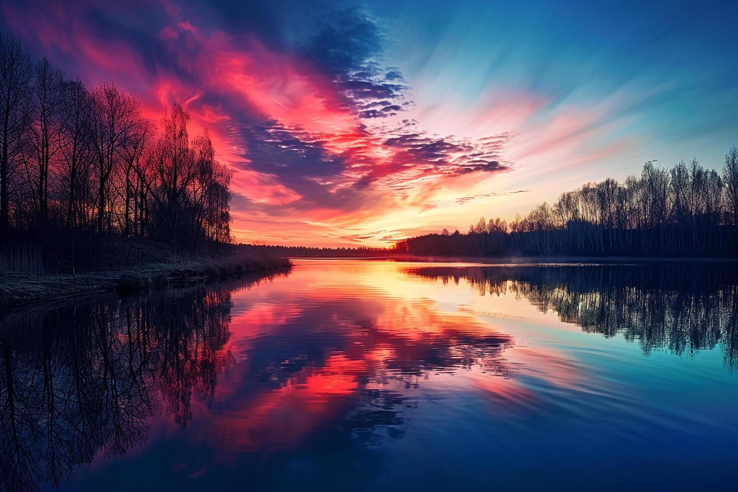 Colorful Sunset over Lake with Trees and Water Background photo