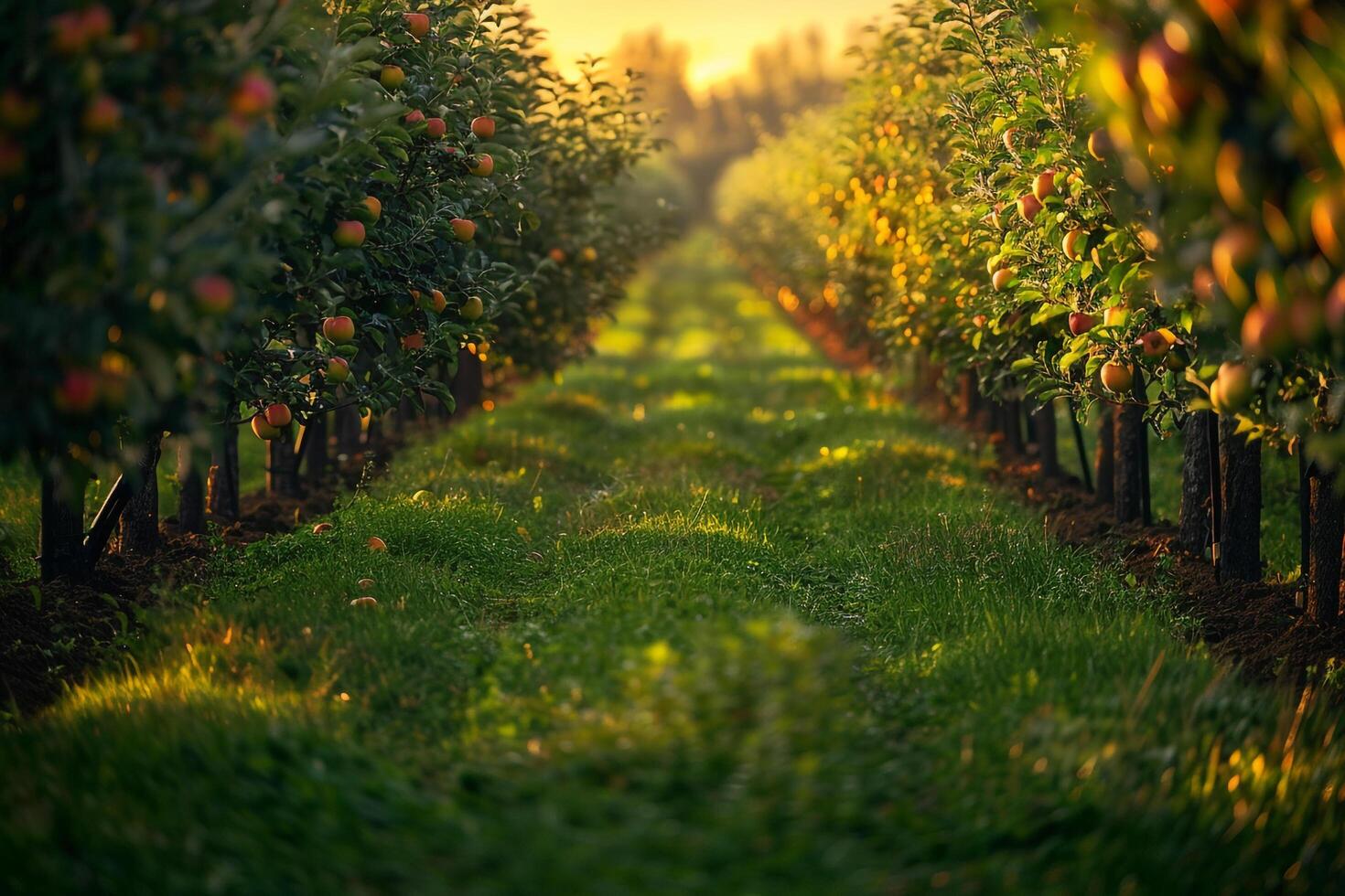 Apple orchard with rows of apples growing in sun background photo