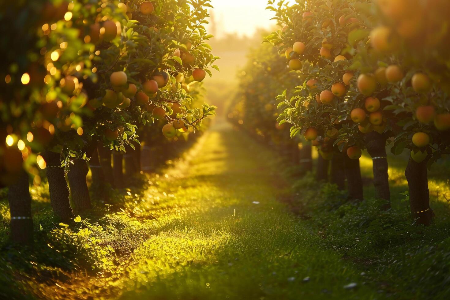 Orange Grove with Rows of Fruit Trees Background photo