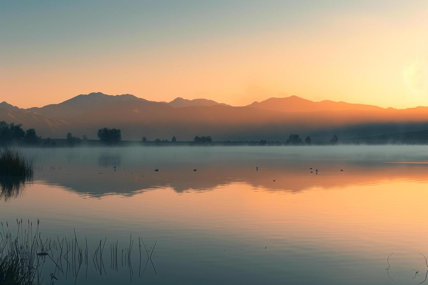 Lake with Mist and Mountains in the Background photo