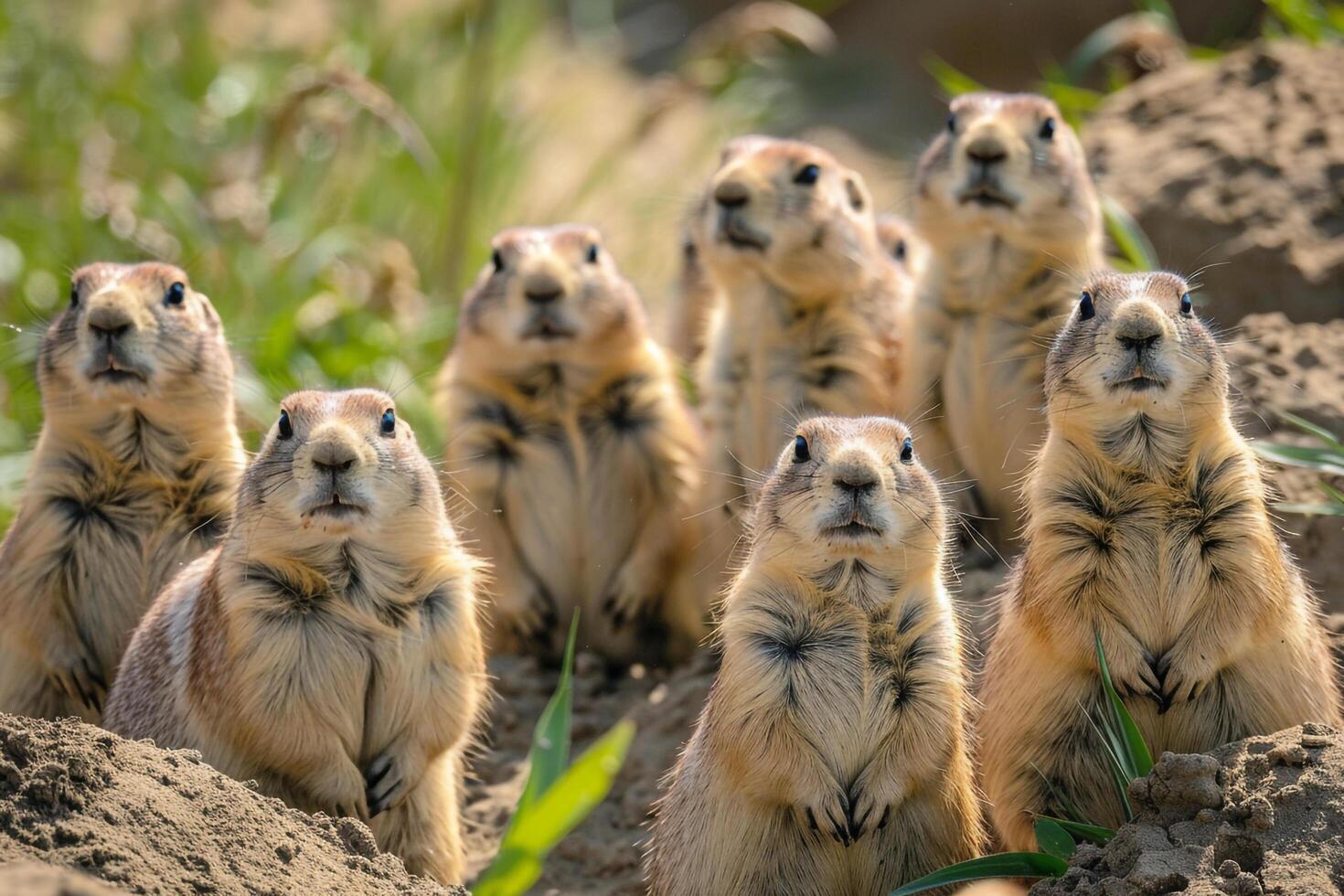 Group of Ground Squirrels Standing in the Dirt Background photo