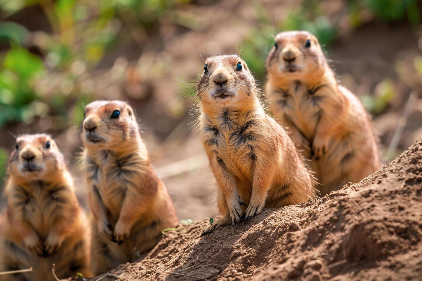 Four Ground Squirrels Standing in the Dirt Background photo