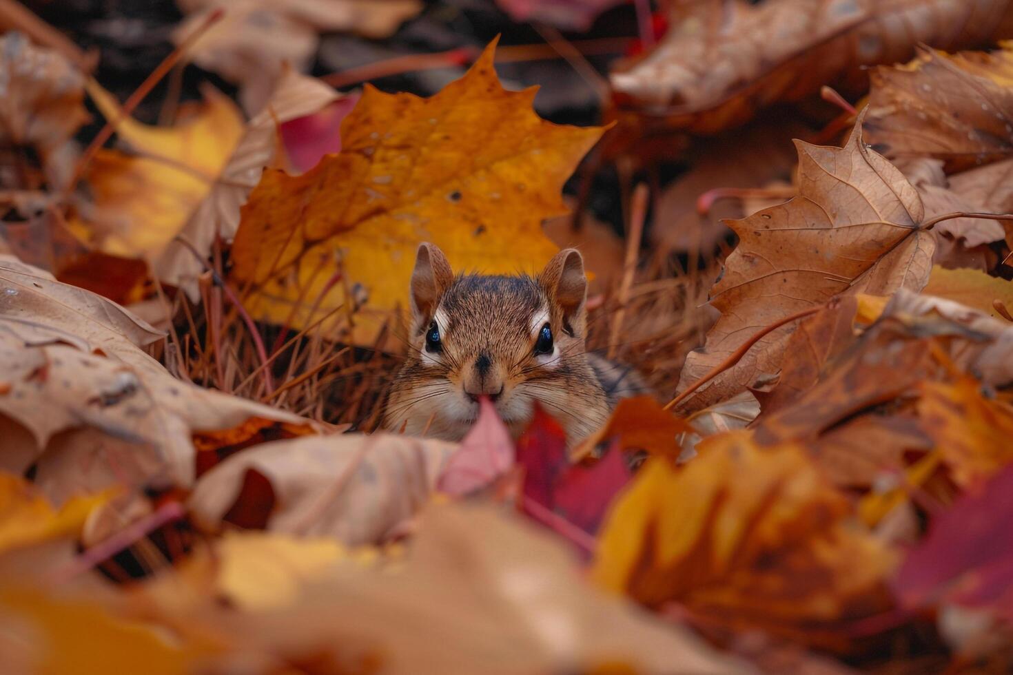 Chipmunk Hiding in Leaves Background Nature photo