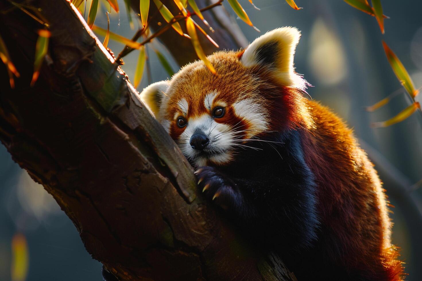 Red panda sitting on a tree branch photo